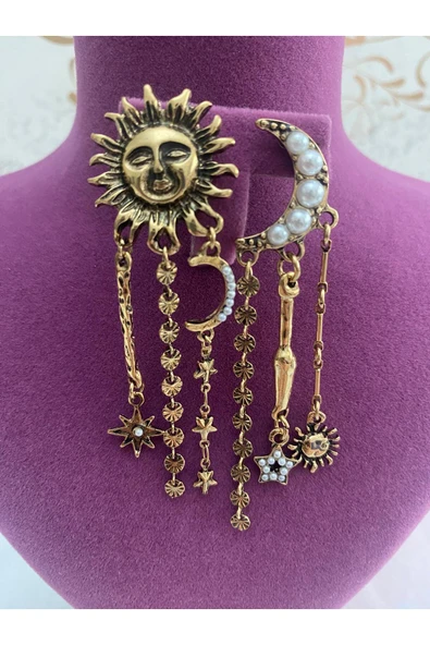 bettin tasarım Altın Renk Güneş Ay ve Yıldız Figürlü Kadın Çelik Küpe Bohem Ve Vintage Tasarım - Resim 8