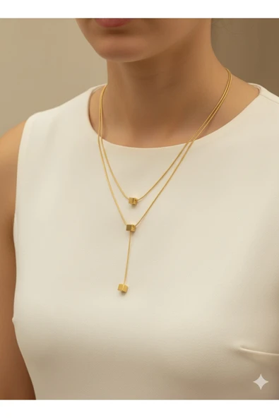 bettin tasarım 2’li İnce İtalyan Zincir Ucu Kare Detaylı Çelik Kadın Y Kolye Altın Sarısı - Resim 3