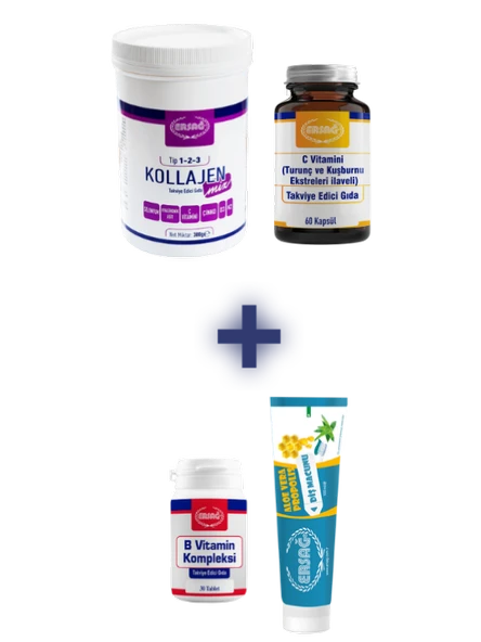 Ersağ KOLLAJEN MİX (TİP 1-2-3), C VİTAMİNİ KAPSÜL (TURUNÇ VE KUŞBURNU EKSTRELERİ İLAVELİ) ALANA B VİTAMİN KOMPLEKSİ VE DİŞ MACUNU 100 ML HEDİYE ürün görseli