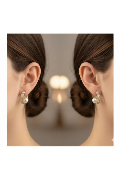 bettin tasarım Xuping Gold İnci Detaylı 14K Altın Kaplama Kadın Çelik Küpe - Resim 2