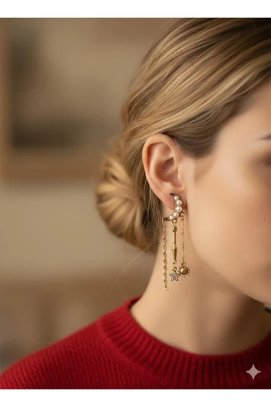 bettin tasarım Altın Renk Güneş Ay ve Yıldız Figürlü Kadın Çelik Küpe Bohem Ve Vintage Tasarım - Resim 6