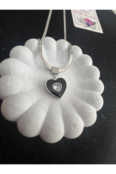 bettin tasarım İtalyan zincir zirkon taşlı kalpli gümüş renkli çelik kolye - Resim 8