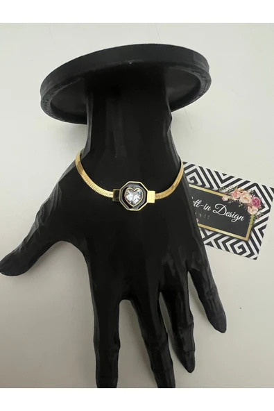 bettin tasarım Altın Renk Çelik İtalyan Zincir Kalp Detaylı Kadın Bileklik - Resim 4