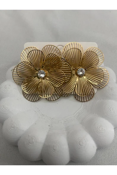 bettin tasarım Altın Renk Çelik Büyük Çiçek Model Zirkon Taş Detaylı Kadın Küpe - 6