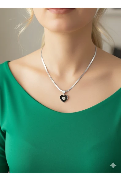 bettin tasarım İtalyan zincir zirkon taşlı kalpli gümüş renkli çelik kolye - Resim 4