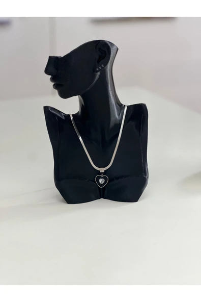 bettin tasarım İtalyan zincir zirkon taşlı kalpli gümüş renkli çelik kolye - Resim 7