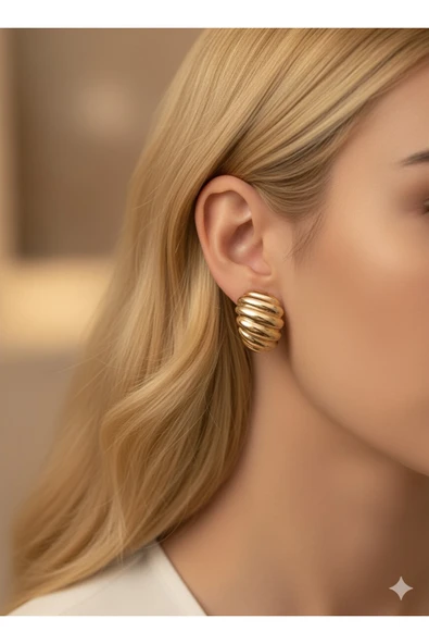 bettin tasarım Xuping Paslanmaz Desenli Bombeli Sarı Kadın Çelik Küpe - Resim 3