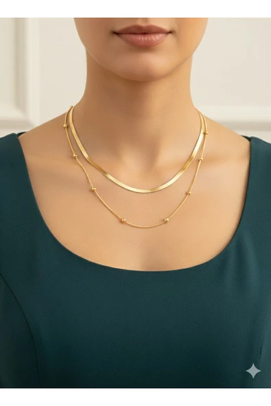 bettin tasarım İtalyan Zinciri ve Saturn Zincirli 2’li Kadın Çelik Kolye - 4