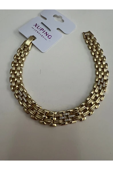 bettin tasarım Altın Renk 14K Kaplama Kalın Zincir Taş Detaylı Kadın Çelik Bileklik - Resim 3