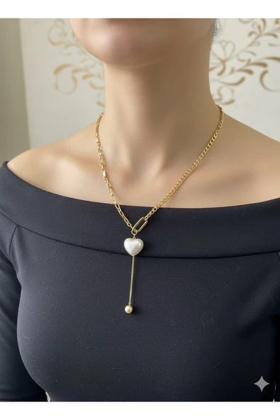 bettin tasarım Altın Renk Kalın Zincirli İncili Kalp Uçlu Kadın Çelik Kolye - Resim 3