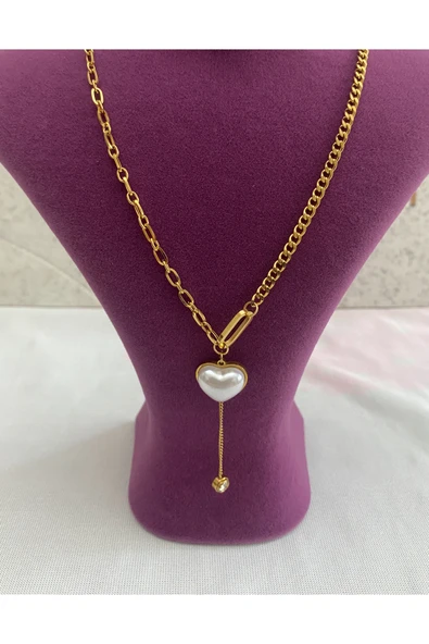 bettin tasarım Altın Renk Kalın Zincirli İncili Kalp Uçlu Kadın Çelik Kolye - Resim 7