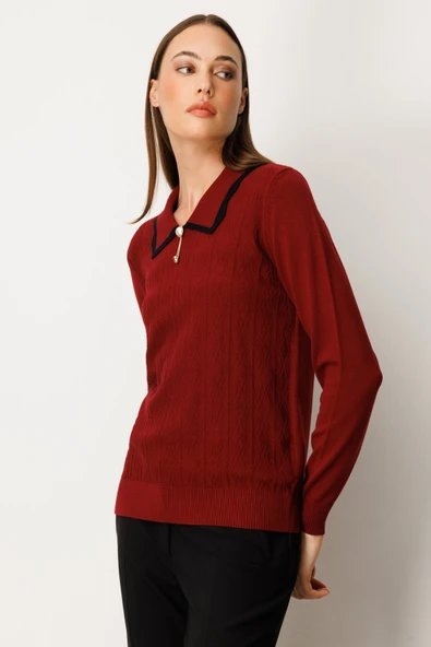 On Yakası Aksesuar Detaylı Triko Kazak On - 2