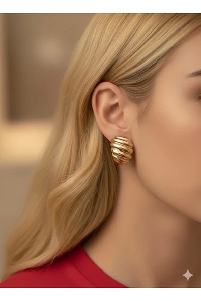 bettin tasarım Xuping Paslanmaz Desenli Bombeli Sarı Kadın Çelik Küpe - Resim 2