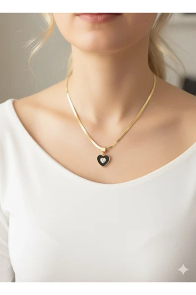 bettin tasarım İtalyan Zincir Ucu Zirkon Taşlı Kalp Detaylı Altın Sarısı Renk Kadın Çelik Kolye ürün görseli