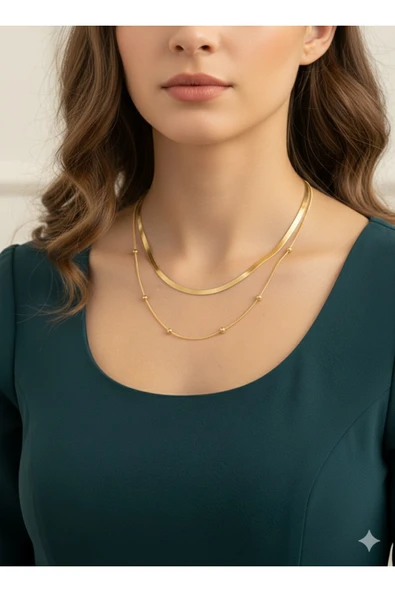 bettin tasarım İtalyan Zinciri ve Saturn Zincirli 2’li Kadın Çelik Kolye - 3