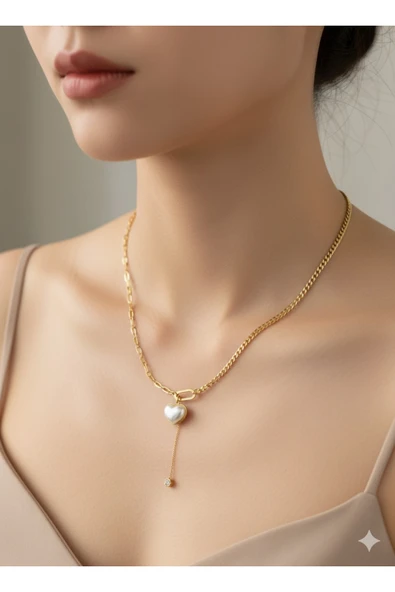 bettin tasarım Altın Renk Kalın Zincirli İncili Kalp Uçlu Kadın Çelik Kolye - Resim 4