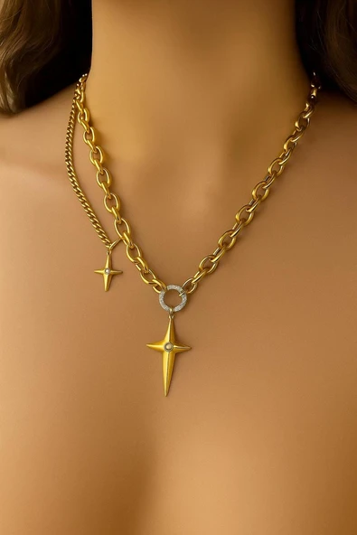 bettin tasarım Altın Renk Çelik Yıldız Uçlu Kalın Zincir Kadın Kolye ürün görseli