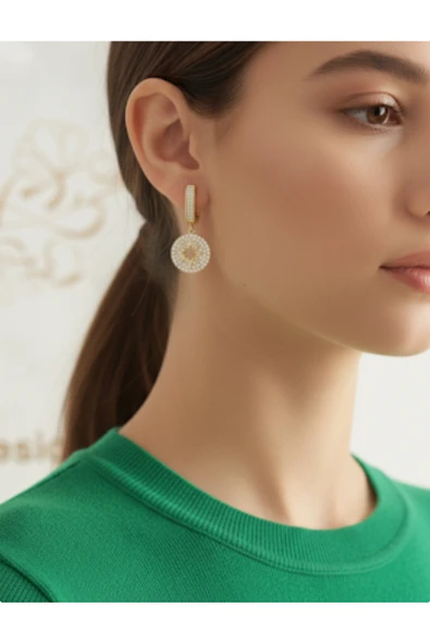 bettin tasarım Çelik Paslanmaz Özel Model Zirkon Taşlı Sarı Kadın Küpe - Resim 4