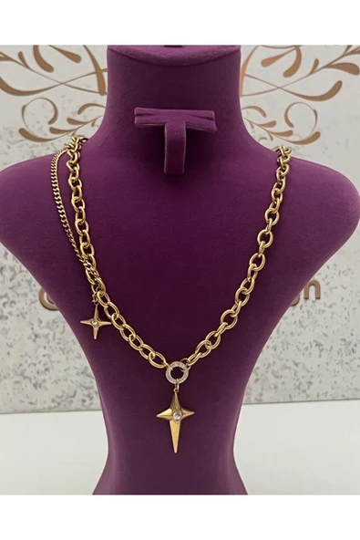 bettin tasarım Altın Renk Çelik Yıldız Uçlu Kalın Zincir Kadın Kolye - Resim 5