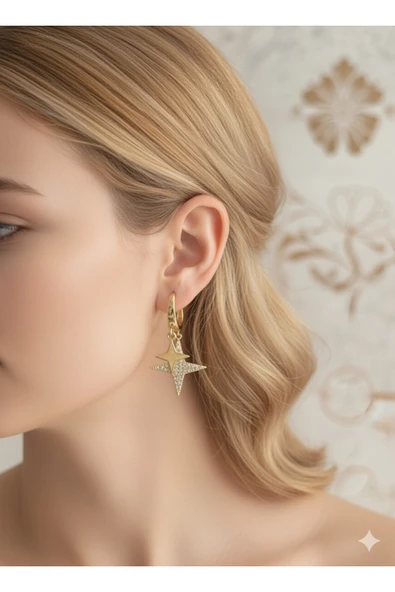 bettin tasarım Paslanmaz Çelik Yıldız Sallantılı Zirkon Taşlı Sarı Kadın Küpe ürün görseli