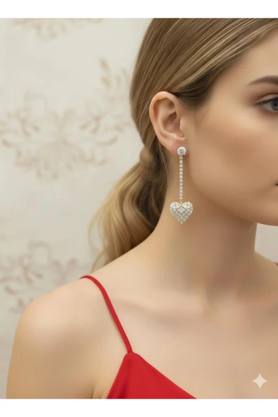 bettin tasarım Altın Renk Bijuteri Kalp Model Zirkon Taşlı Kadın Küpe - Resim 3