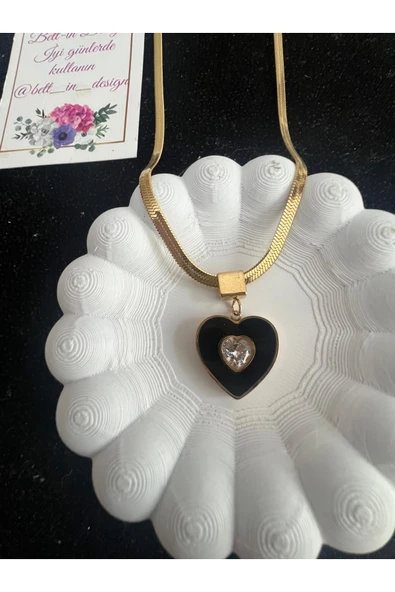 bettin tasarım İtalyan Zincir Ucu Zirkon Taşlı Kalp Detaylı Altın Sarısı Renk Kadın Çelik Kolye - Resim 7