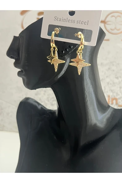 bettin tasarım Paslanmaz Çelik Yıldız Sallantılı Zirkon Taşlı Sarı Kadın Küpe - Resim 6