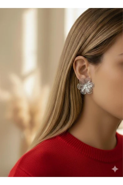 bettin tasarım Altın Renk Çelik Büyük Çiçek Model Zirkon Taş Detaylı Kadın Küpe - 10