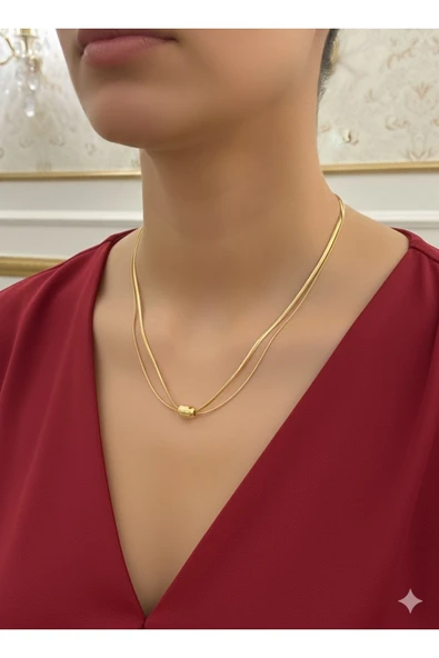 bettin tasarım 2’li İnce İtalyan Zincir Çelik Kadın Kolye Altın Sarısı - Resim 2