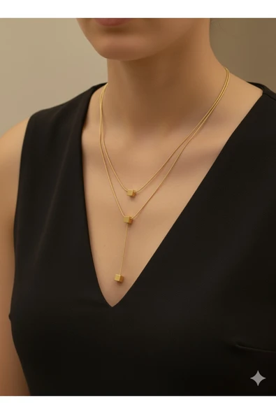 bettin tasarım 2’li İnce İtalyan Zincir Ucu Kare Detaylı Çelik Kadın Y Kolye Altın Sarısı - Resim 2