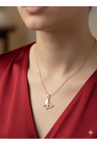 bettin tasarım İnce İtalyan Zincir Kelebek Uçlu Çelik Kadın Kolye Altın Sarısı 40cm +7cm Uzatmalı - Resim 2