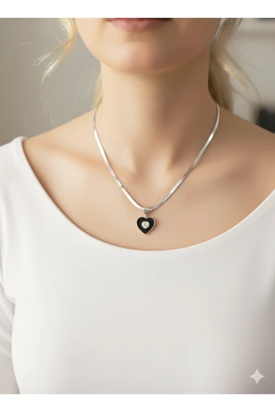 bettin tasarım İtalyan zincir zirkon taşlı kalpli gümüş renkli çelik kolye - Resim 3