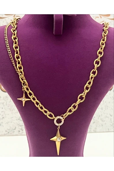 bettin tasarım Altın Renk Çelik Yıldız Uçlu Kalın Zincir Kadın Kolye - Resim 4