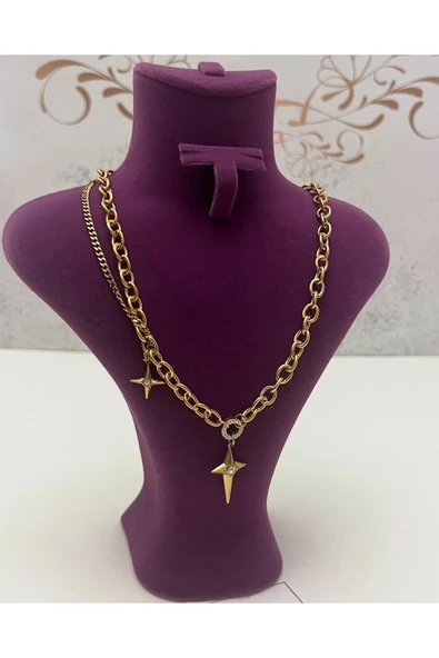bettin tasarım Altın Renk Çelik Yıldız Uçlu Kalın Zincir Kadın Kolye - Resim 6