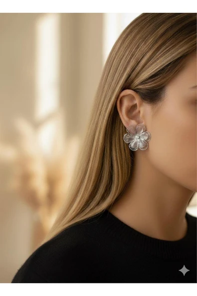 bettin tasarım Altın Renk Çelik Büyük Çiçek Model Zirkon Taş Detaylı Kadın Küpe - 11