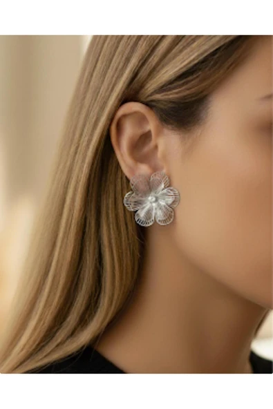 bettin tasarım Altın Renk Çelik Büyük Çiçek Model Zirkon Taş Detaylı Kadın Küpe - 7