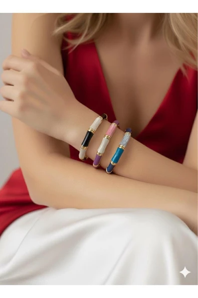 bettin tasarım Renkli Mineli Çelik Renkli Enamel Detaylı Kadın Bileklik - 2