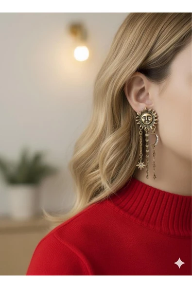 bettin tasarım Altın Renk Güneş Ay ve Yıldız Figürlü Kadın Çelik Küpe Bohem Ve Vintage Tasarım ürün görseli