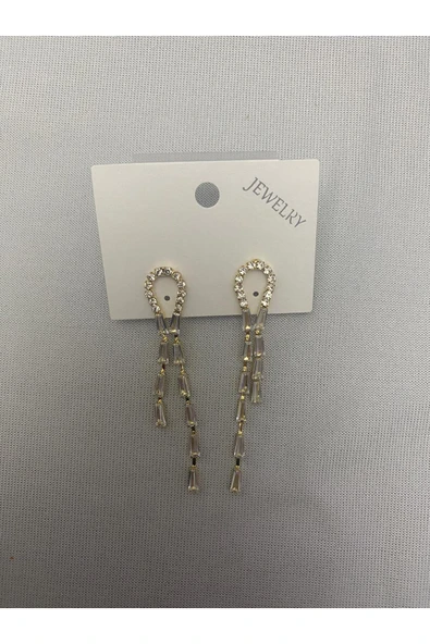 bettin tasarım Altın Renk Bijuter Uzun Sallantılı Zirkon Taşlı Kadın Küpe - Resim 7