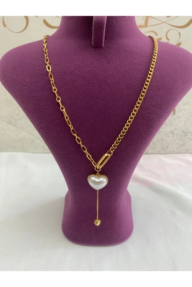 bettin tasarım Altın Renk Kalın Zincirli İncili Kalp Uçlu Kadın Çelik Kolye - Resim 8