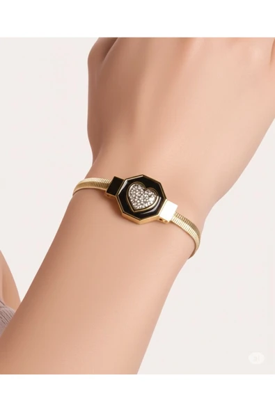 bettin tasarım Altın Renk Çelik İtalyan Zincir Kalp Detaylı Kadın Bileklik ürün görseli