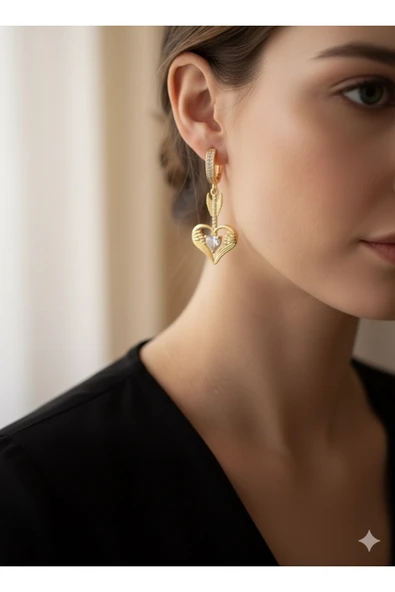 bettin tasarım Paslanmaz Çelik Kalp Sallantılı Zirkon Taşlı Sarı Küp - Resim 2