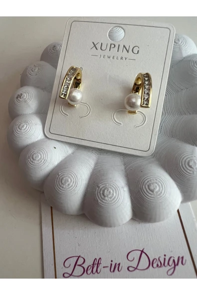 bettin tasarım Xuping Gold İnci Detaylı 14K Altın Kaplama Kadın Çelik Küpe - Resim 3