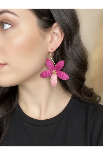 bettin tasarım Pembe Renk Büyük Papatya Sallantılı Paslanmaz Hasır Kadın Çelik Küpe - 3