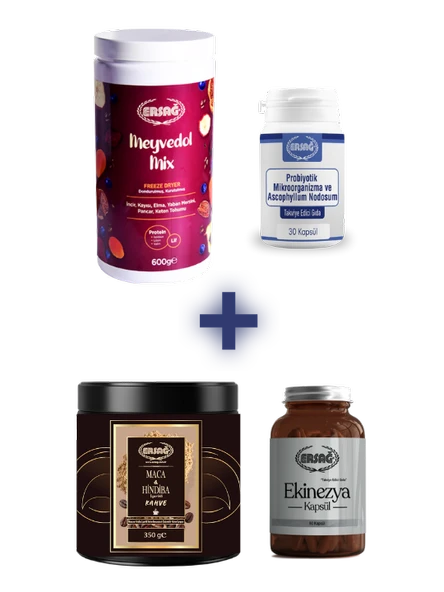 Ersağ MEYVEDOL MİX, PROBİYOTİK MİKROORGANİZMA ASCOPHYLLUM NODOSUM ALANA MACA HİNDİBA İÇERİKLİ KAHVE TOZ 350 GR VE EKİNEZYA KAPSÜL HEDİYE