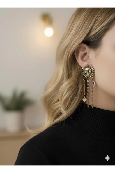 bettin tasarım Altın Renk Güneş Ay ve Yıldız Figürlü Kadın Çelik Küpe Bohem Ve Vintage Tasarım - Resim 3