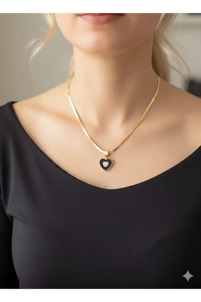 bettin tasarım İtalyan Zincir Ucu Zirkon Taşlı Kalp Detaylı Altın Sarısı Renk Kadın Çelik Kolye - Resim 4