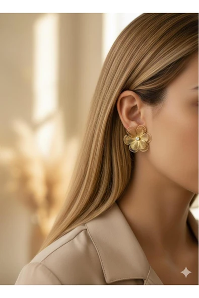 bettin tasarım Altın Renk Çelik Büyük Çiçek Model Zirkon Taş Detaylı Kadın Küpe - 3