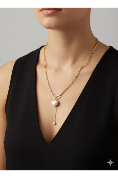 bettin tasarım Altın Renk Kalın Zincirli İncili Kalp Uçlu Kadın Çelik Kolye - Resim 5