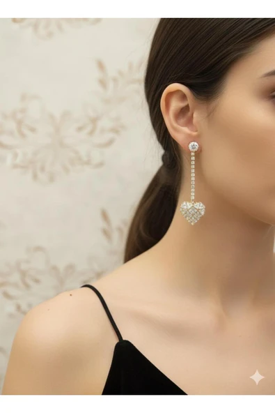 bettin tasarım Altın Renk Bijuteri Kalp Model Zirkon Taşlı Kadın Küpe - Resim 2